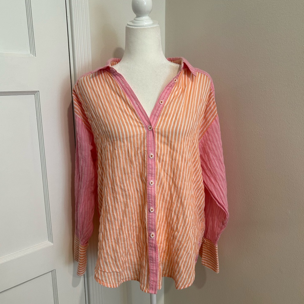 Maeve by Anthropologie Pink and Orange Button-Up Shirt